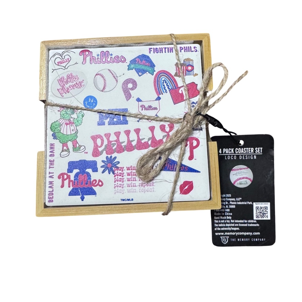 Philadelphia Phillies‎ MLB 4 Pack Coaster Set with Wood Holder Loco Design New